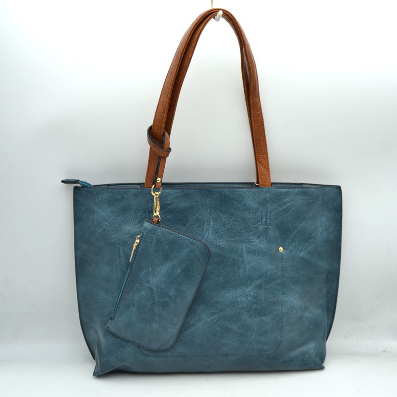 PU Vegan Leather 2 in 1 Tote Crossbody Handbag - Royal Blue/ Brown - Tote Bag