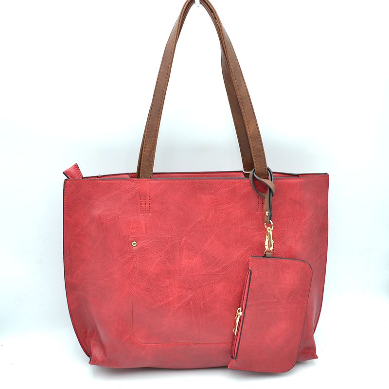 PU Vegan Leather 2 in 1 Tote Crossbody Handbag - Red - Tote Bag