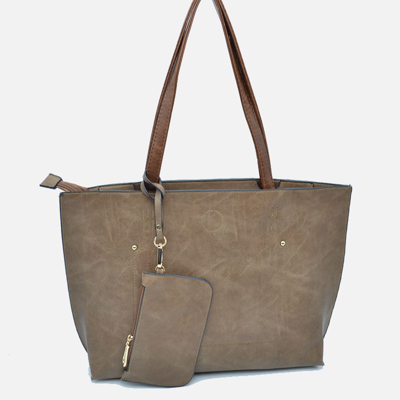 PU Vegan Leather 2 in 1 Tote Crossbody Handbag - Stone - Tote Bag