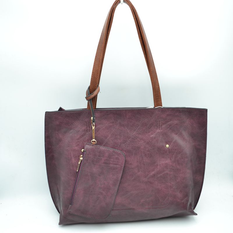 PU Vegan Leather 2 in 1 Tote Crossbody Handbag - Plum - Tote Bag