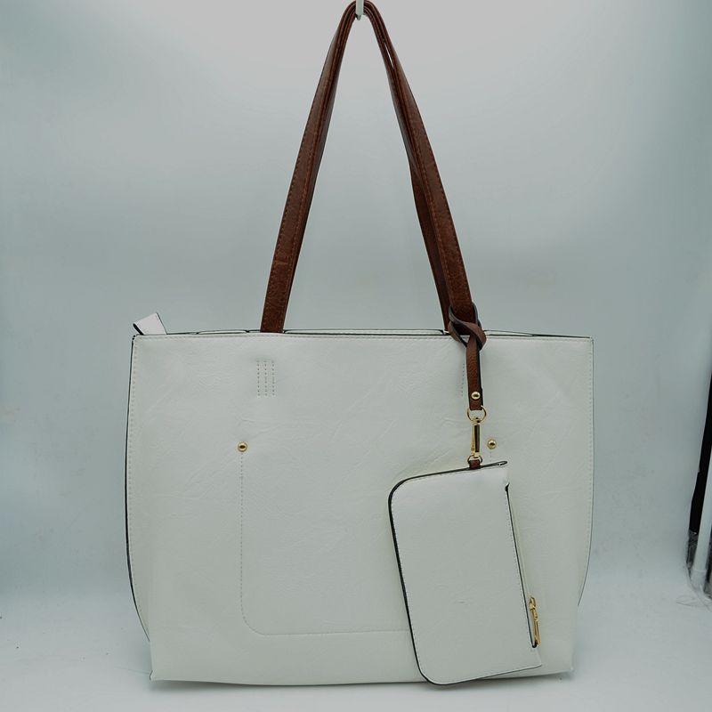 PU Vegan Leather 2 in 1 Tote Crossbody Handbag - White/ Brown - Tote Bag