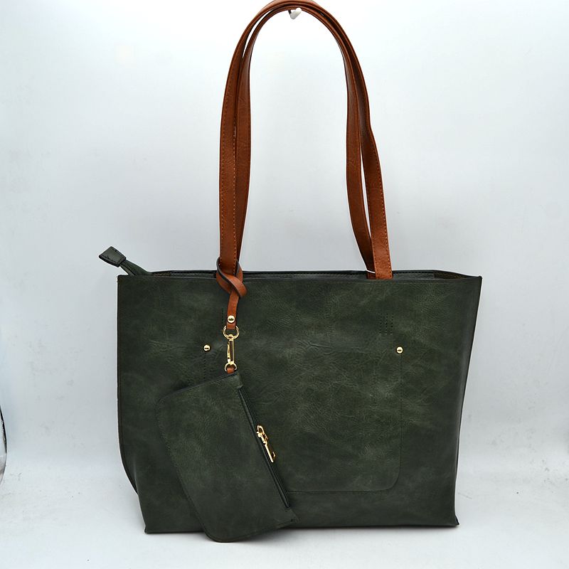 PU Vegan Leather 2 in 1 Tote Crossbody Handbag - Dark Green/ Brown - Tote Bag