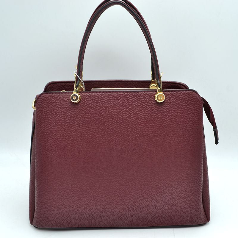 Structured Top Handle Handbag with Zipper Closures - Burgundy - Hand Bag