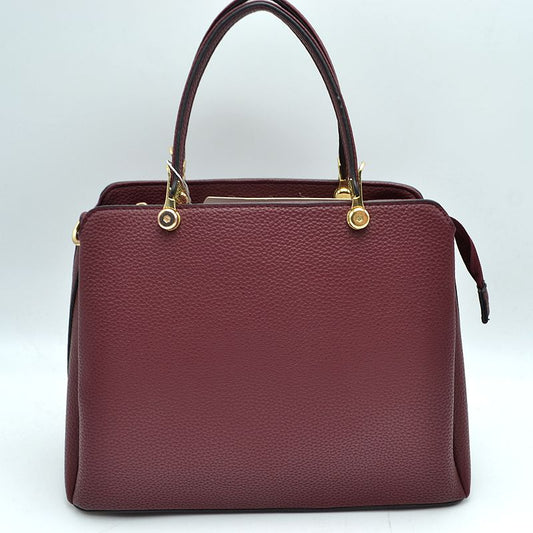 Structured Top Handle Handbag with Zipper Closures - Burgundy - Hand Bag