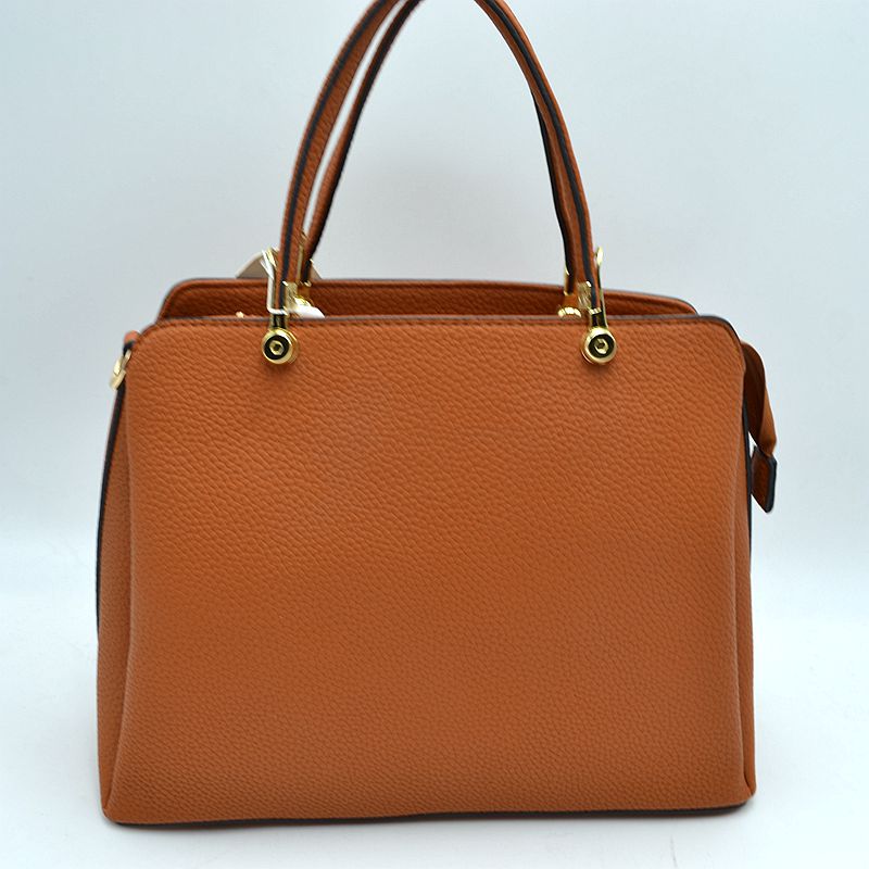 Structured Top Handle Handbag with Zipper Closures - Brown - Hand Bag