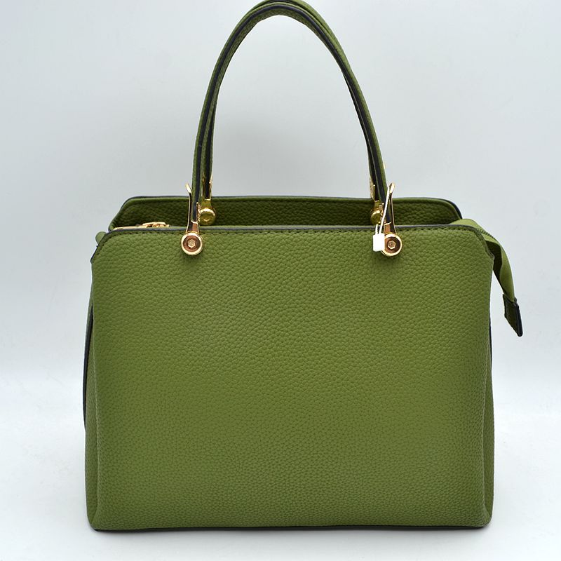 Structured Top Handle Handbag with Zipper Closures - Green - Hand Bag