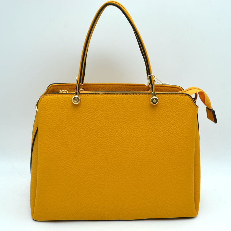 Structured Top Handle Handbag with Zipper Closures - Mustard Yellow - Hand Bag