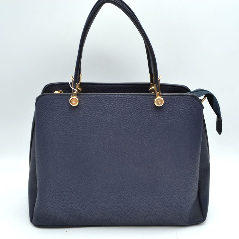Structured Top Handle Handbag with Zipper Closures - Navy Blue - Hand Bag