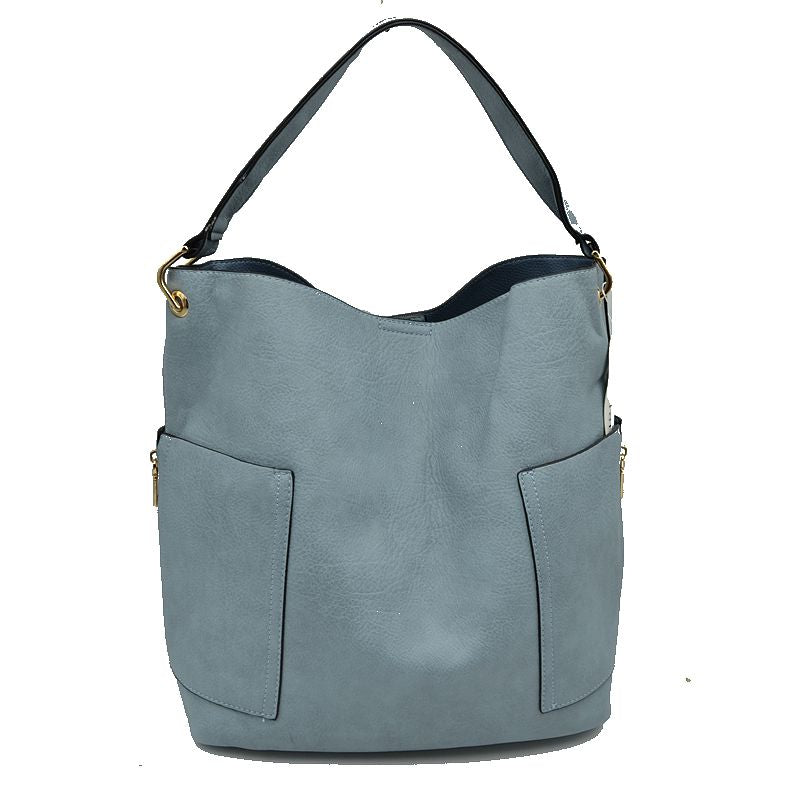 Light Blue 2in1 Chic Satchel Side Pocket With Long Strap Bucket Bag, This casual crossbody bucket bag is super soft Vegan leather and has convenient side pockets to carry water bottles, phones, or glasses and a removable zipper pouch. Gold hardware. Extra bag inside and strap to make it a crossbody. Perfect for carrying around your stuff, this bag is big enough for all your daily essentials. 