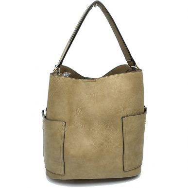 Khaki 2in1 Chic Satchel Side Pocket With Long Strap Bucket Bag, This casual crossbody bucket bag is super soft Vegan leather and has convenient side pockets to carry water bottles, phones, or glasses and a removable zipper pouch. Gold hardware. Extra bag inside and strap to make it a crossbody. Perfect for carrying around your stuff, this bag is big enough for all your daily essentials. 