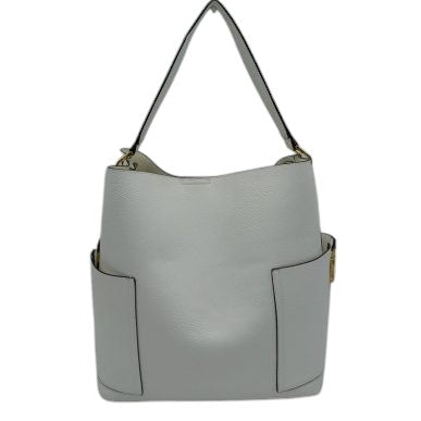 White 2in1 Chic Satchel Side Pocket With Long Strap Bucket Bag, This casual crossbody bucket bag is super soft Vegan leather and has convenient side pockets to carry water bottles, phones, or glasses and a removable zipper pouch. Gold hardware. Extra bag inside and strap to make it a crossbody. Perfect for carrying around your stuff, this bag is big enough for all your daily essentials. 
