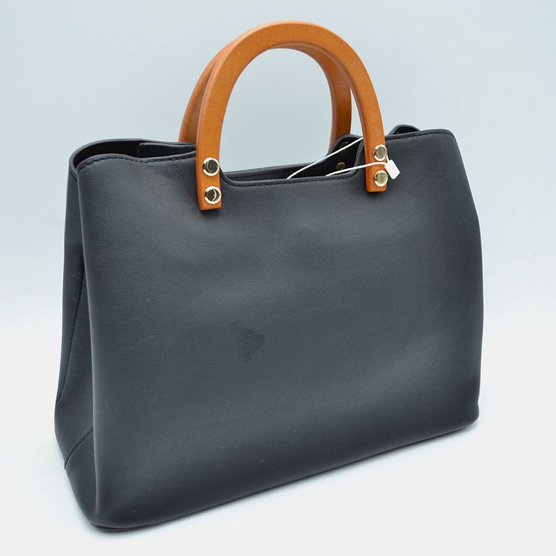 Structured Tote Bag with Contrast Wooden Handles - Black - Tote Bag