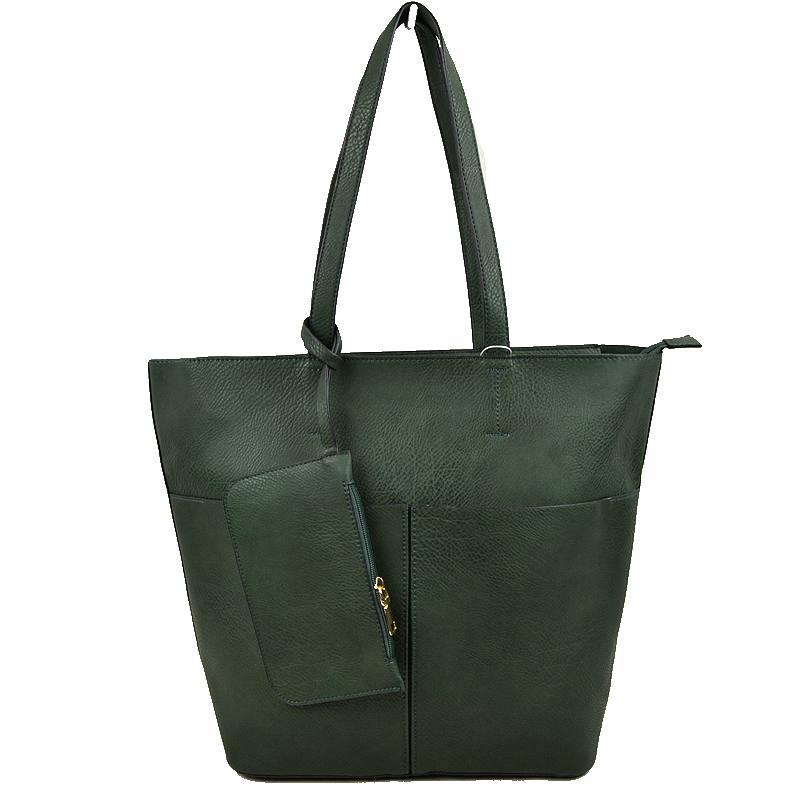 3 In 1 Large Soft Faux Leather Womens Tote Handbags - Dark Green - Tote Bag