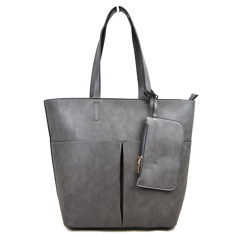 3 In 1 Large Soft Faux Leather Womens Tote Handbags - Dark Grey - Tote Bag