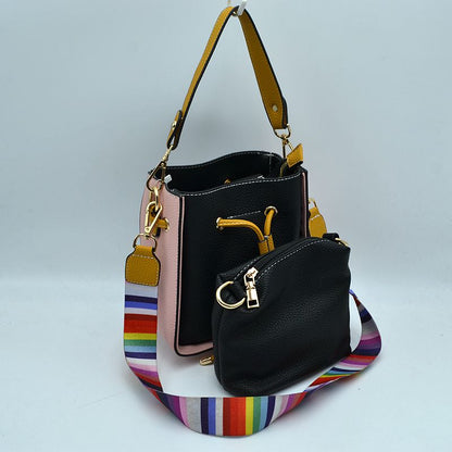 Color-Block Drawstring Bucket Bag with Multi-Strap Options - Black - Bucket Bag