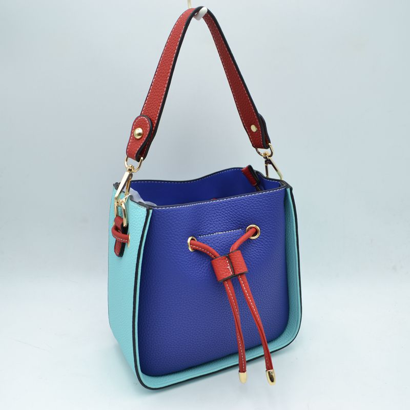 Color-Block Drawstring Bucket Bag with Multi-Strap Options - Blue - Bucket Bag