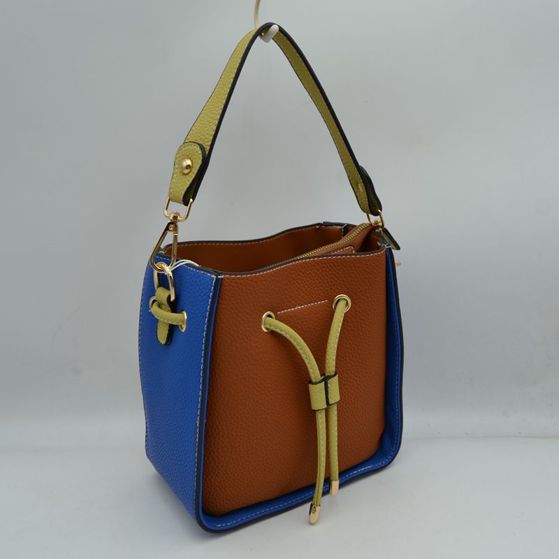 Color-Block Drawstring Bucket Bag with Multi-Strap Options - Brown - Bucket Bag