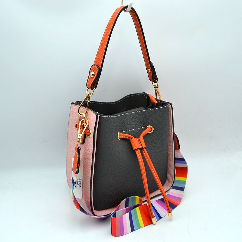 Color-Block Drawstring Bucket Bag with Multi-Strap Options - Dark Grey - Bucket Bag