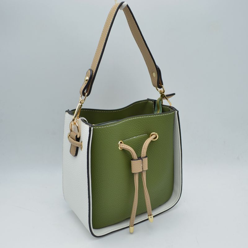 Color-Block Drawstring Bucket Bag with Multi-Strap Options - Green - Bucket Bag