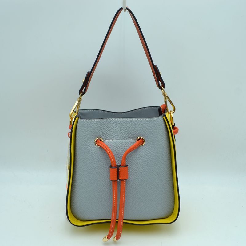 Color-Block Drawstring Bucket Bag with Multi-Strap Options - Gray - Bucket Bag