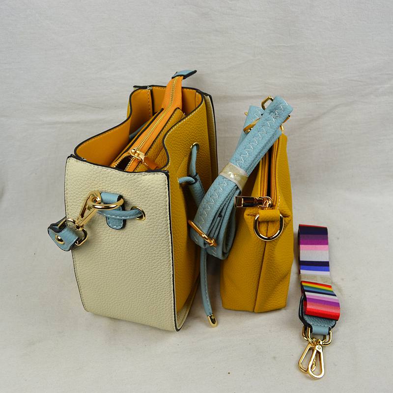 Color-Block Drawstring Bucket Bag with Multi-Strap Options - Bucket Bag