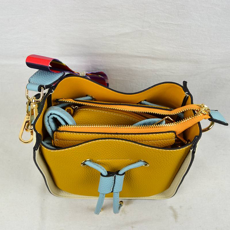 Color-Block Drawstring Bucket Bag with Multi-Strap Options - Bucket Bag