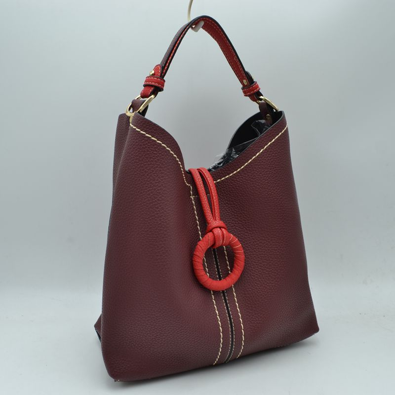 Pebbled Bucket Bag with Contrast Ring Accent and Top Handle - Bucket Bag