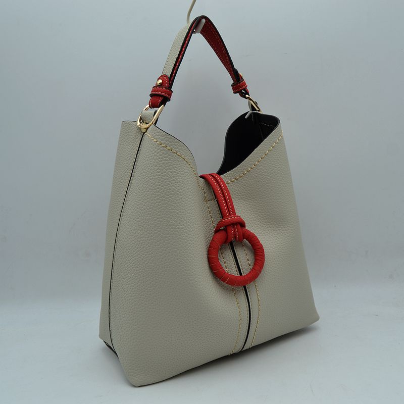 Pebbled Bucket Bag with Contrast Ring Accent and Top Handle - Bucket Bag