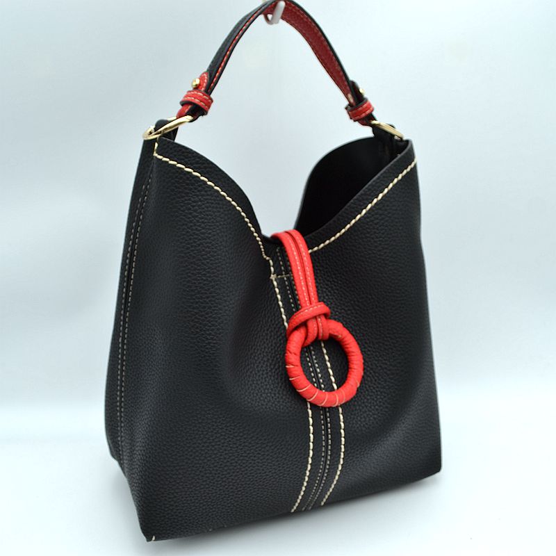 Pebbled Bucket Bag with Contrast Ring Accent and Top Handle - Bucket Bag