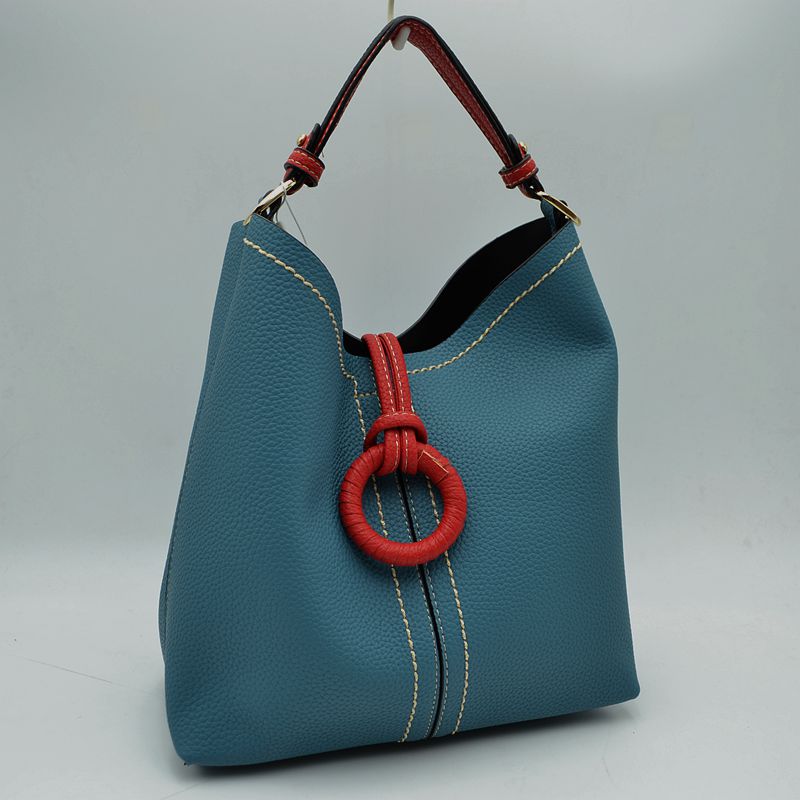 Pebbled Bucket Bag with Contrast Ring Accent and Top Handle - Bucket Bag