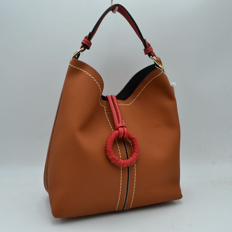 Pebbled Bucket Bag with Contrast Ring Accent and Top Handle - Bucket Bag