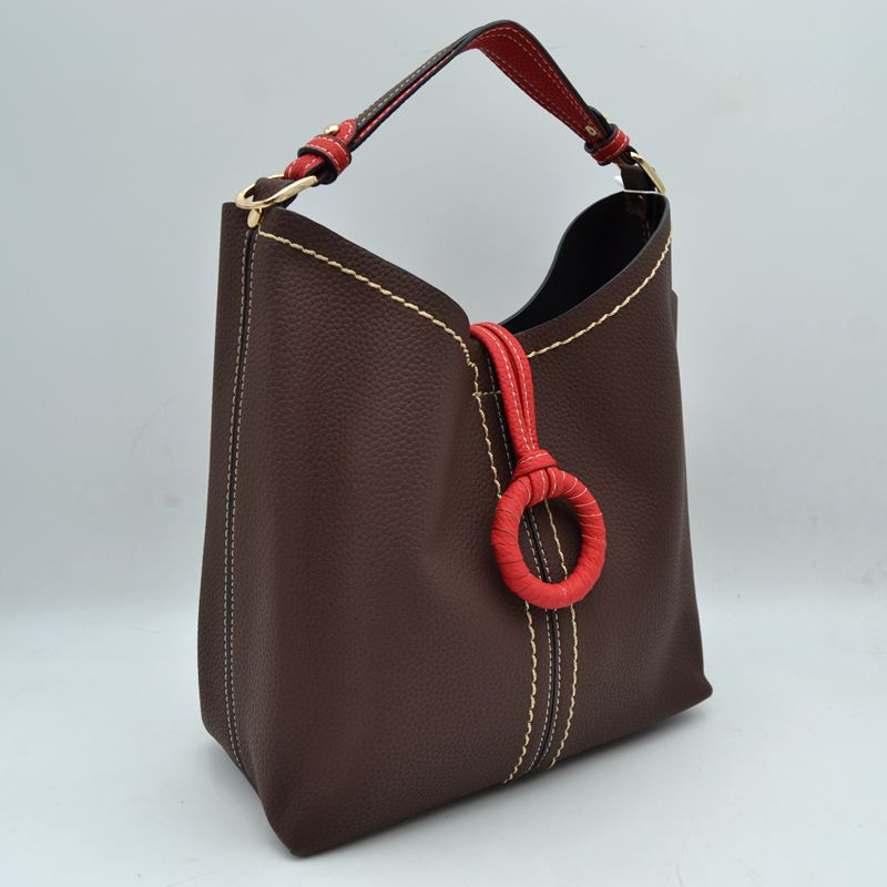 Pebbled Bucket Bag with Contrast Ring Accent and Top Handle - Bucket Bag