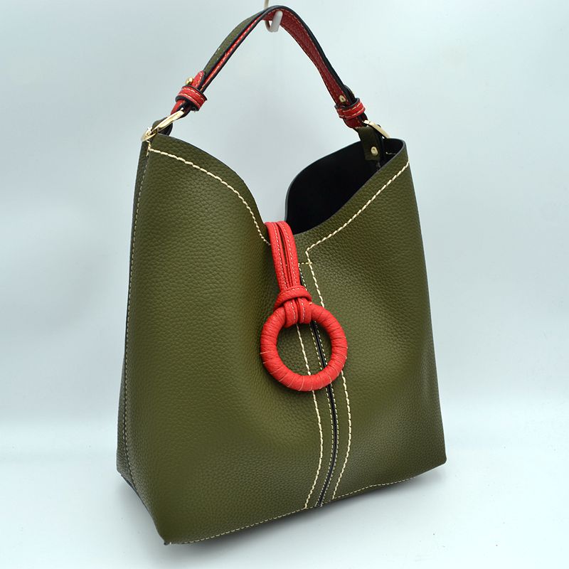 Pebbled Bucket Bag with Contrast Ring Accent and Top Handle - Bucket Bag