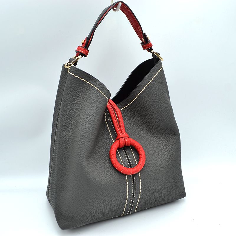 Pebbled Bucket Bag with Contrast Ring Accent and Top Handle - Bucket Bag