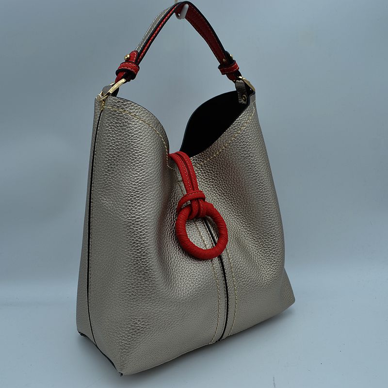 Pebbled Bucket Bag with Contrast Ring Accent and Top Handle - Bucket Bag