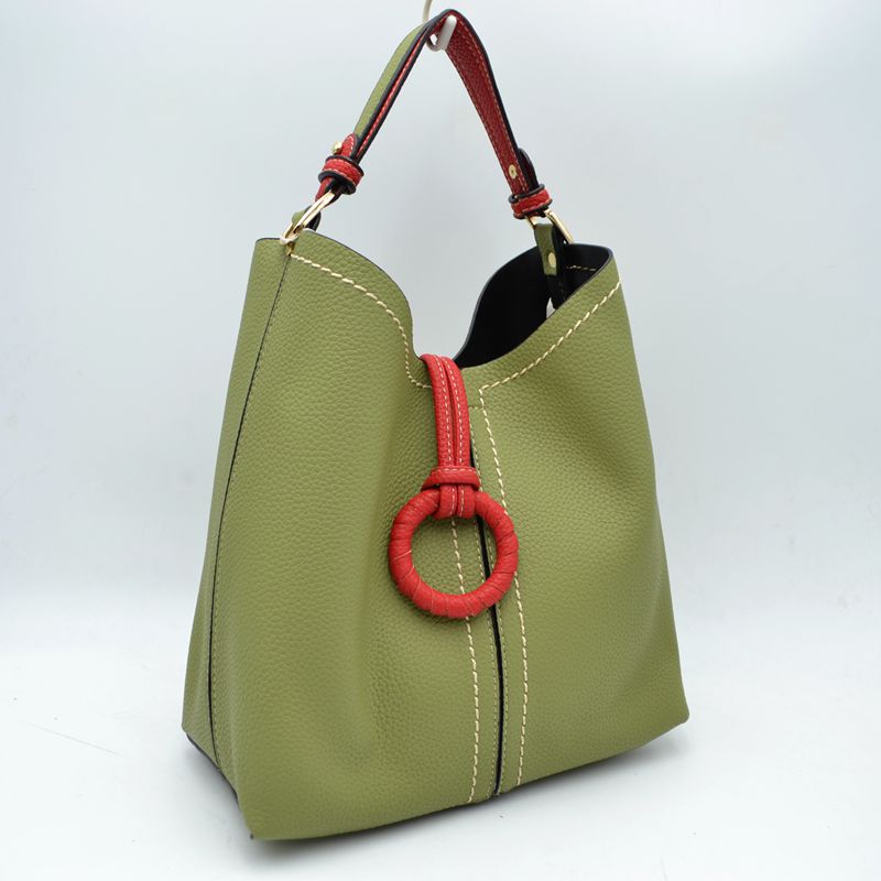 Pebbled Bucket Bag with Contrast Ring Accent and Top Handle - Bucket Bag
