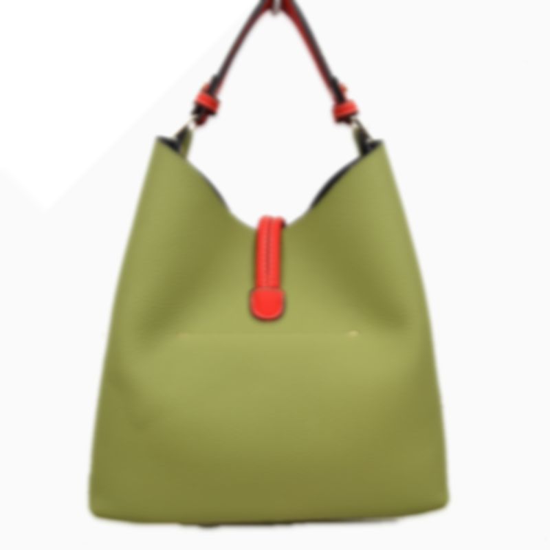 Pebbled Bucket Bag with Contrast Ring Accent and Top Handle - Bucket Bag
