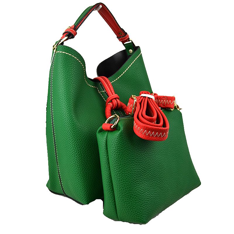 Pebbled Bucket Bag with Contrast Ring Accent and Top Handle - Bucket Bag