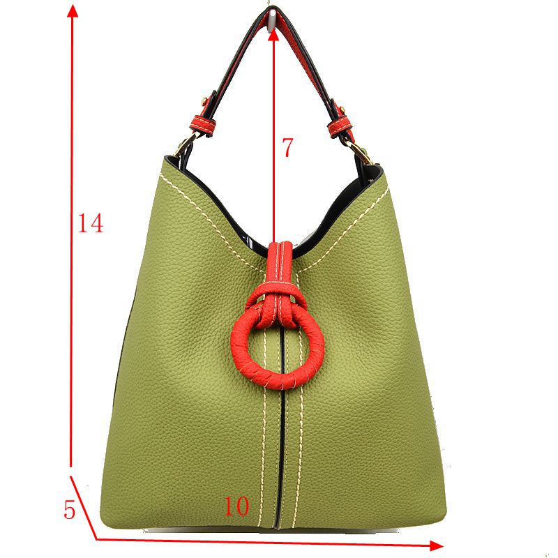 Pebbled Bucket Bag with Contrast Ring Accent and Top Handle - Bucket Bag