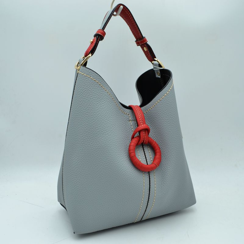 Pebbled Bucket Bag with Contrast Ring Accent and Top Handle - Bucket Bag