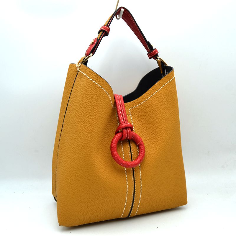 Pebbled Bucket Bag with Contrast Ring Accent and Top Handle - Bucket Bag
