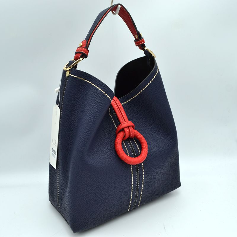 Pebbled Bucket Bag with Contrast Ring Accent and Top Handle - Bucket Bag
