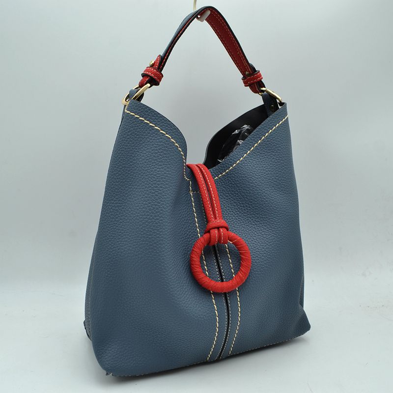 Pebbled Bucket Bag with Contrast Ring Accent and Top Handle - Bucket Bag