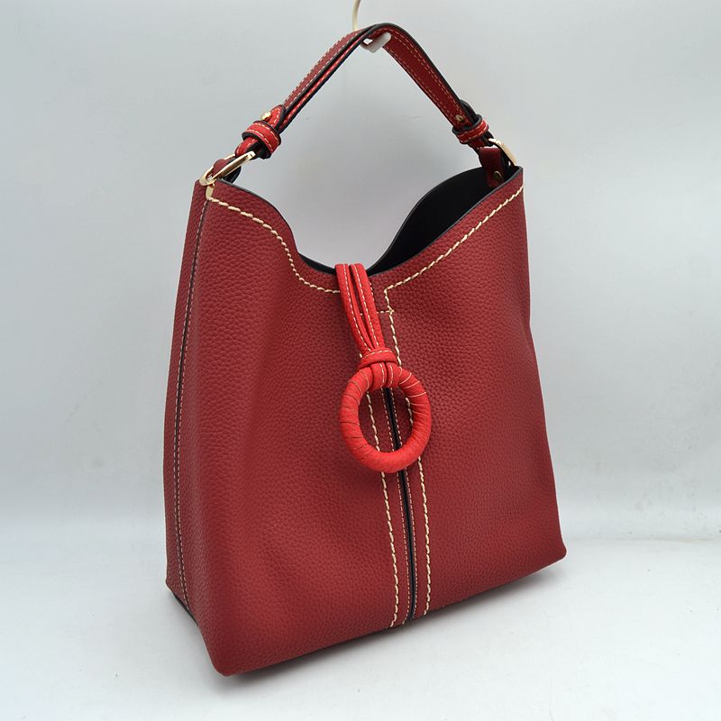 Pebbled Bucket Bag with Contrast Ring Accent and Top Handle - Red - Bucket Bag