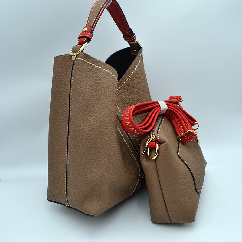 Pebbled Bucket Bag with Contrast Ring Accent and Top Handle - Bucket Bag