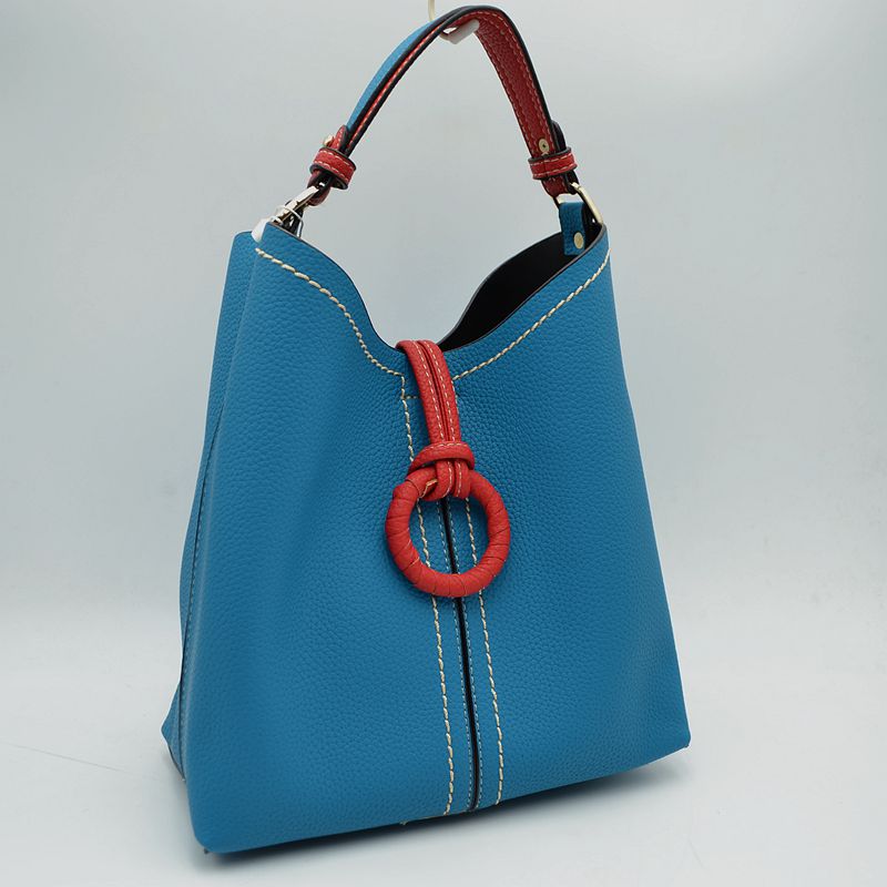 Pebbled Bucket Bag with Contrast Ring Accent and Top Handle - Bucket Bag