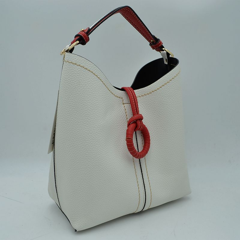 Pebbled Bucket Bag with Contrast Ring Accent and Top Handle - Bucket Bag