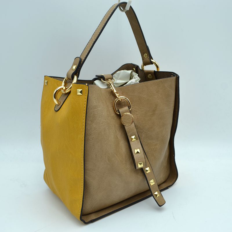 Studded Two-Tone Bucket Bag with Top Handle and Decorative Strap - Beige - Bucket Bag