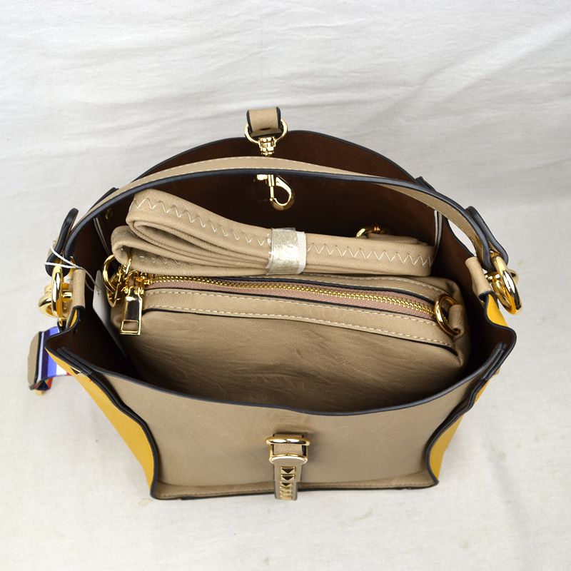 Studded Two-Tone Bucket Bag with Top Handle and Decorative Strap - Bucket Bag