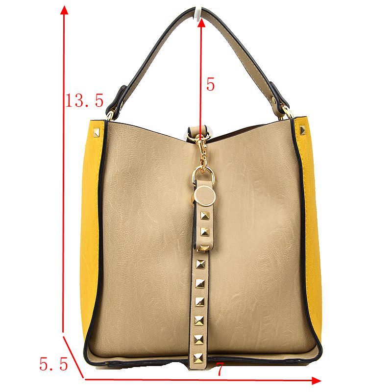 Studded Two-Tone Bucket Bag with Top Handle and Decorative Strap - Bucket Bag